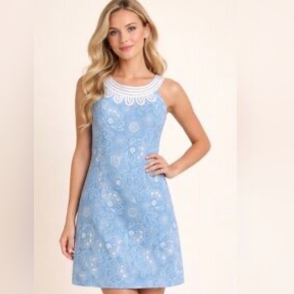 LOFT Dresses & Skirts - LOFT Blue Lace Sleeveless A-Line Dress with White Trim